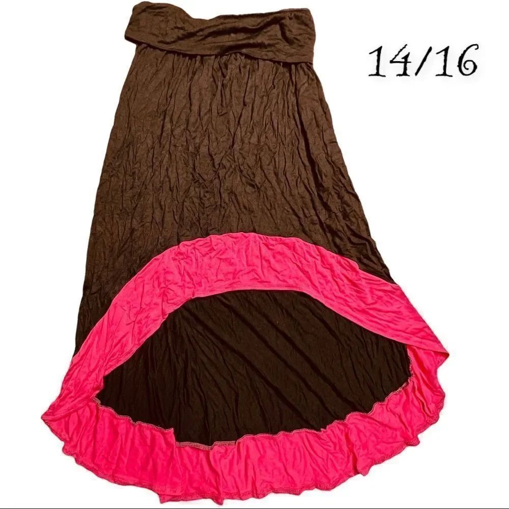 Girls High Low Long Skirt L 14/16 Black with Pink Ruffle Trim